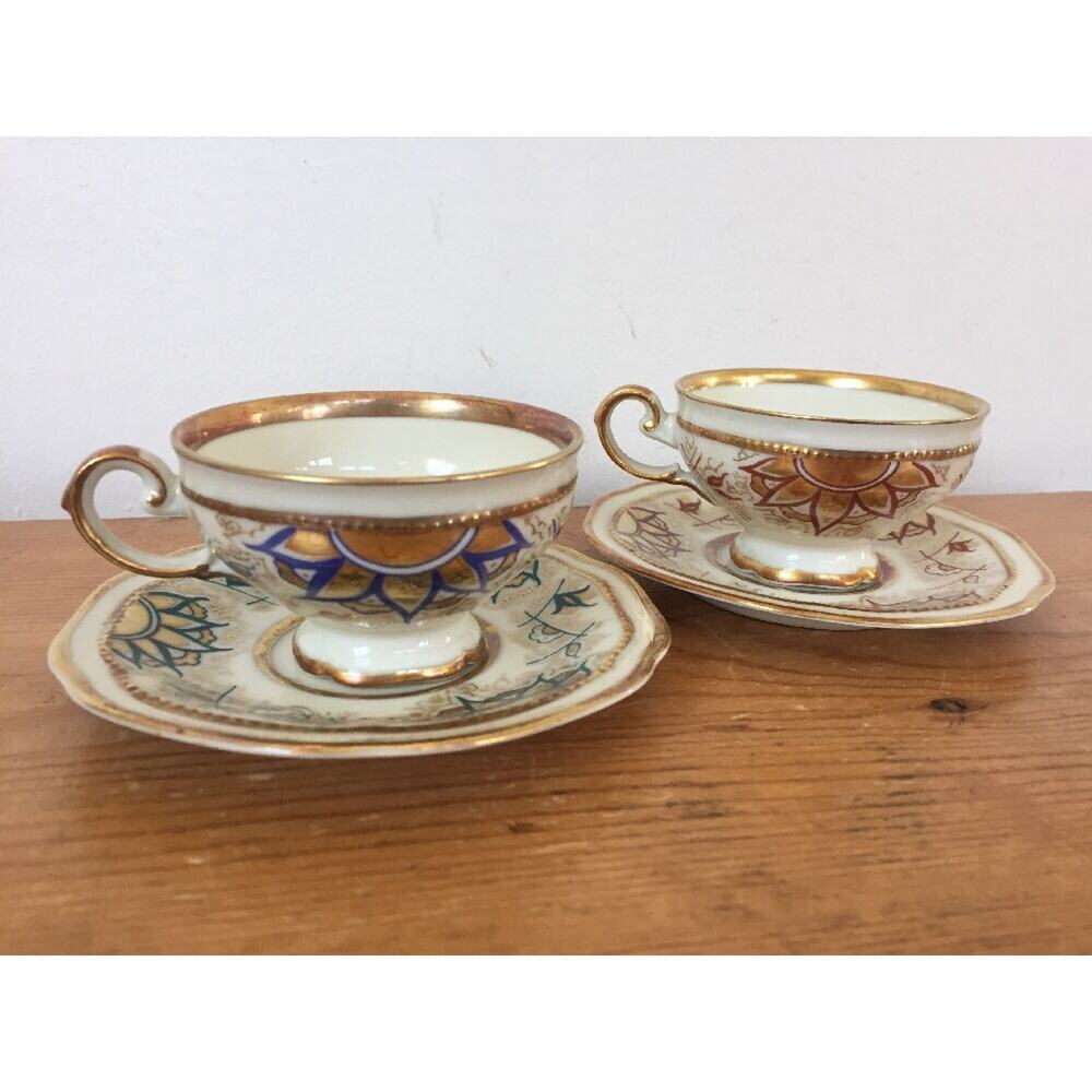 Pair Vintage Johann Haviland Bavarian Porcelain Demitasse Tea Cups Saucers